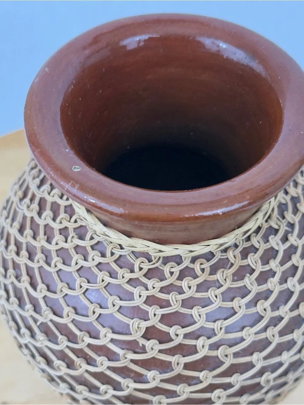 Vintage Woven Wicker Overlay/ Rattan Netted Red Clay Pottery Vase